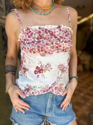 y2k white floral asymmetric top
