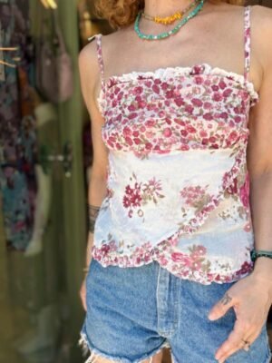 y2k white cotton floral asymmetric top - Image 2
