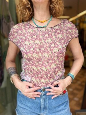 y2k silk sheer floral & stripped mesh top
