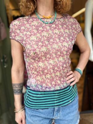 Alternative view of y2k silk sheer floral & stripped mesh top