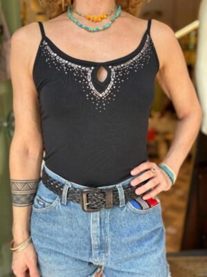 y2k black stretch top with studd decoration