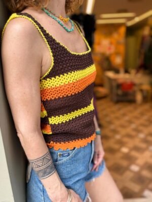 Alternative view of vintage dark brown stripped crochet top