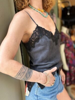 y2k silk off black top with lace details - Image 2