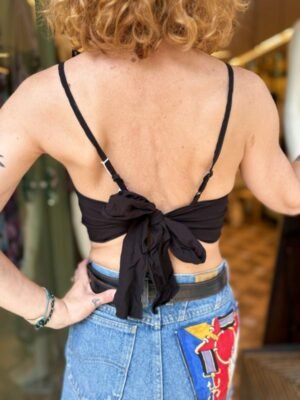 y2k top with floral embelishments and spaghetti straps, ties at the back - Image 4