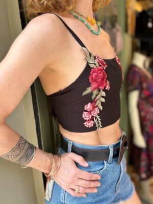 y2k top with floral embelishments and spaghetti straps, ties at the back - Image 3