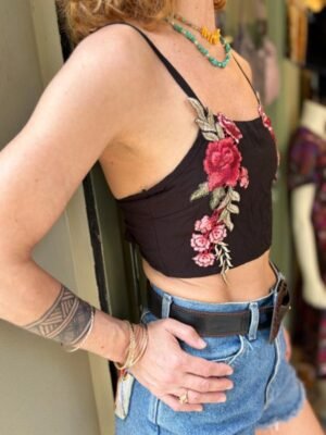 y2k top with floral embelishments and spaghetti straps, ties at the back - Image 2