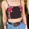 y2k top with floral embelishments and spaghetti straps, ties at the back