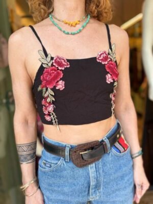 y2k top with floral embelishments and spaghetti straps, ties at the back