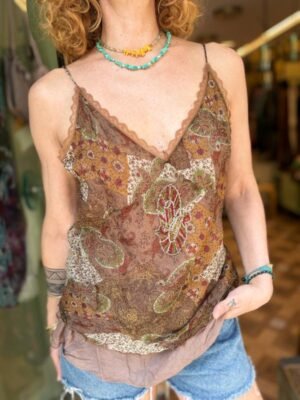 y2k boho mesh top with bead work on the front