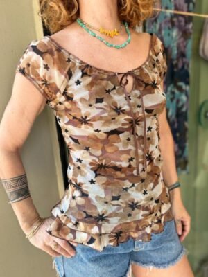 Alternative view of y2k floral brown mesh top with frills