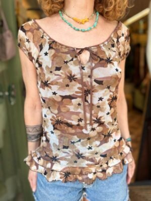 y2k floral brown mesh top with frills