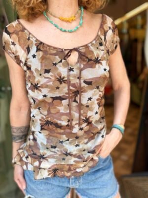 y2k floral brown mesh top with frills - Image 3