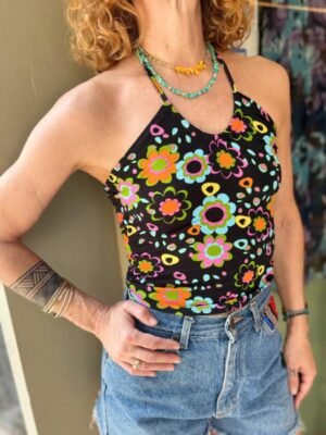 Alternative view of y2k black floral top, ties around the neck