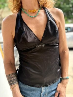 y2k halter neck black corset top with side lace and back zipper