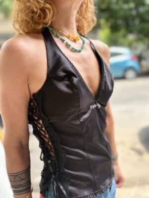 Alternative view of y2k halter neck black corset top with side lace and back zipper