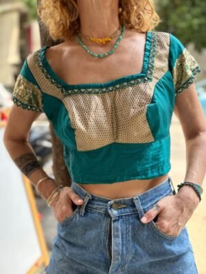 vintage boho petrol & gold top with beads and sequins