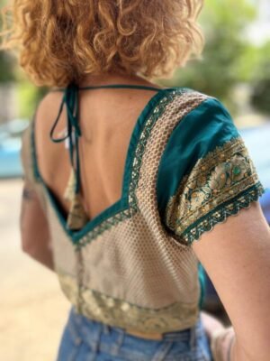 Alternative view of vintage boho petrol & gold top with beads and sequins