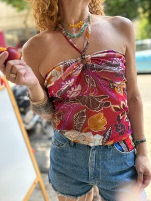 Alternative view of y2k floral sheer mesh top ties around the neck