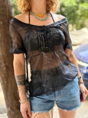 Alternative view of y2k Massimo Dutti black silk sheer top