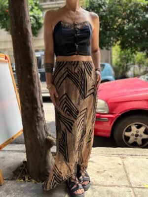 y2k viscose absract patterned maxi asymmetric skirt with elastic waist - Image 2