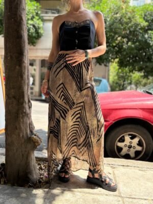 y2k absract patterned maxi asymmetric skirt with elastic waist