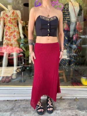 y2k dark red asymetric lace skirt