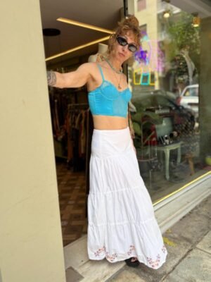 y2k white cotton tiered maxi skirt featuring stitchwork on the hemline - Image 3