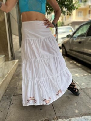 Alternative view of y2k white cotton tiered maxi skirt featuring stitchwork on the hemline