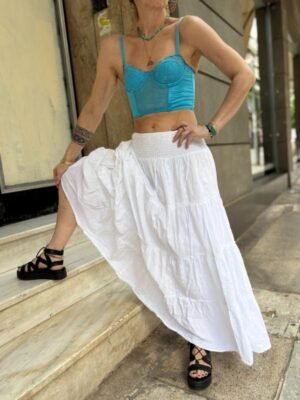 y2k romantic white embroidered tiered maxi skirt with elastic waist - Image 2