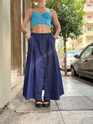 vintage denim buttoned up maxi flare skirt