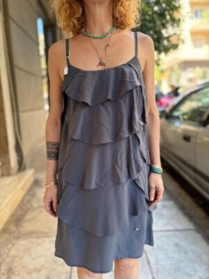 y2k silk dark gray dress with frills and spaghetti straps - Image 4