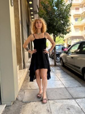 y2k viscose black asymmetric dres with frills and spaghetti straps