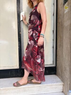 Alternative view of y2k asymetric leafy patterned dress with frills along the neckline