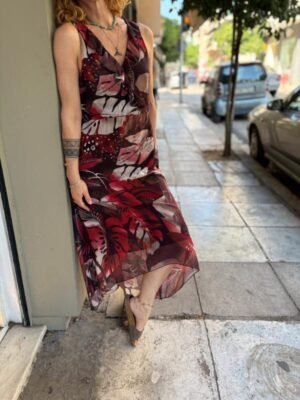 y2k asymetric leafy patterned dress with frills along the neckline - Image 4