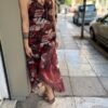 y2k asymetric leafy patterned dress with frills along the neckline