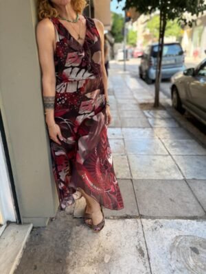 y2k asymetric leafy patterned dress with frills along the neckline
