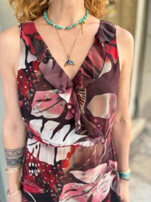 y2k asymetric leafy patterned dress with frills along the neckline - Image 3