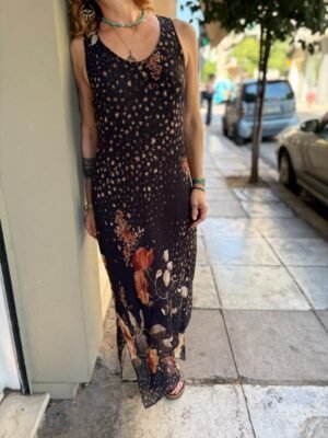 y2k black viscose floral maxi asymmetric dress - Image 4