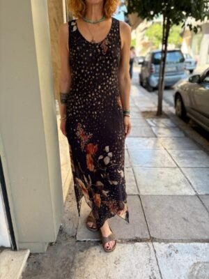 y2k black viscose floral maxi asymmetric dress - Image 3