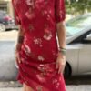 vintage red viscose floral tie back dress