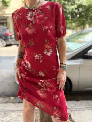 vintage red viscose floral tie back dress