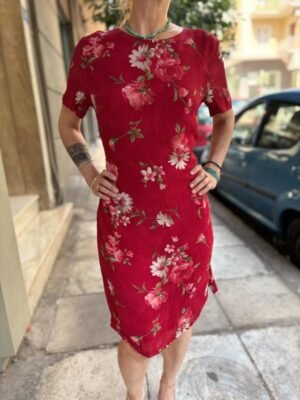 vintage red viscose floral tie back dress - Image 3