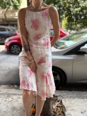 y2k white linen floral asymmetric dress with sequin details