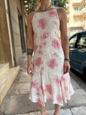 y2k white linen floral asymmetric dress with sequin details - Image 4