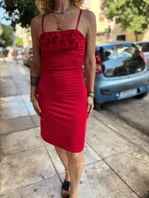 y2k red stretch mini dress with 3D ruffles on the bust