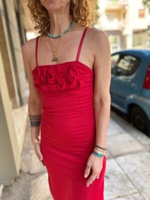y2k red stretch mini dress  with 3D ruffles on the bust - Image 4