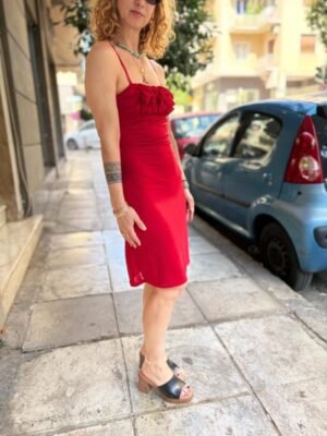 y2k red stretch mini dress  with 3D ruffles on the bust - Image 5