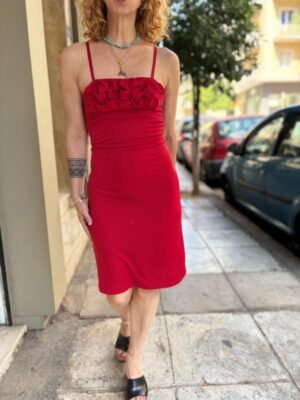y2k red stretch mini dress  with 3D ruffles on the bust - Image 6