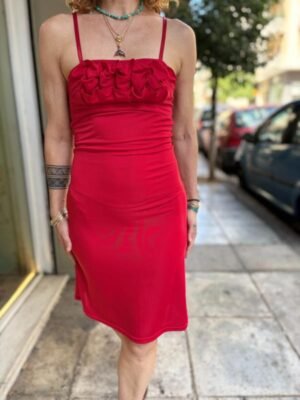 y2k red stretch mini dress  with 3D ruffles on the bust - Image 7