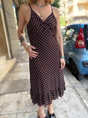 y2k black & red polka dot stretch dress with frill on the hemline